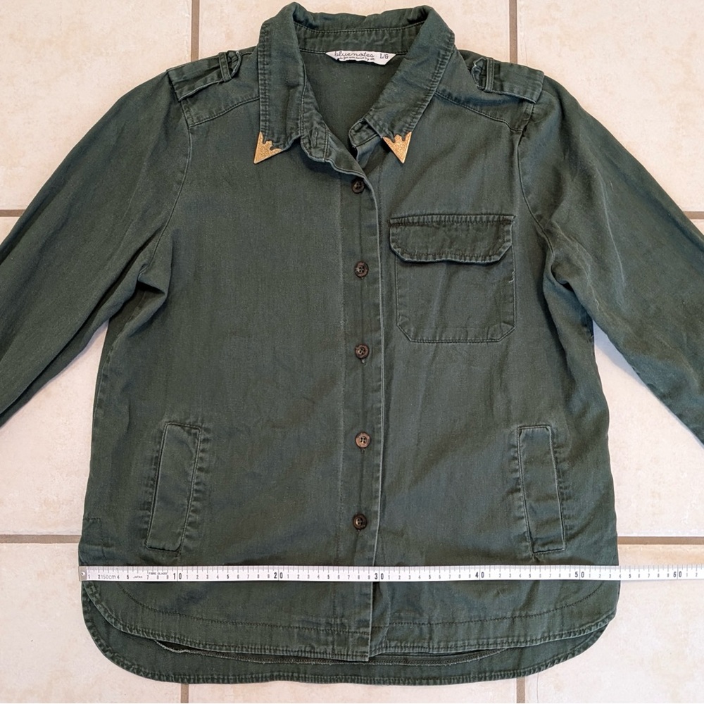 100% Cotton Vintage Y2K Bluenotes Size Large Army Button Down Shirt w Gold Metal - Picture 9 of 15